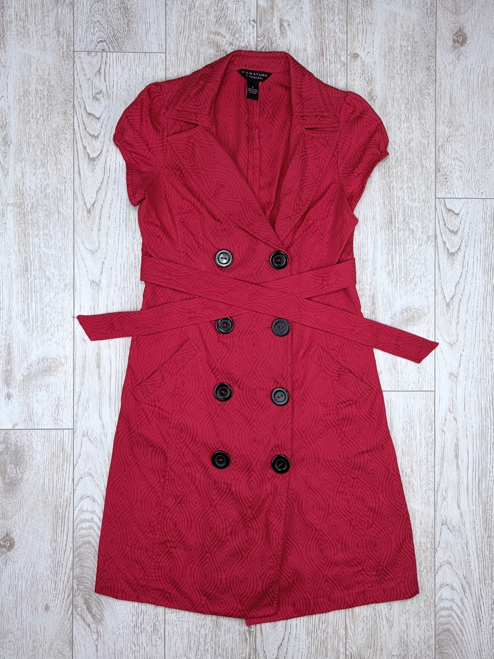 Signature by Robbie Bee Size 6 Red 100% Cotton Double-Breasted Belted Dress